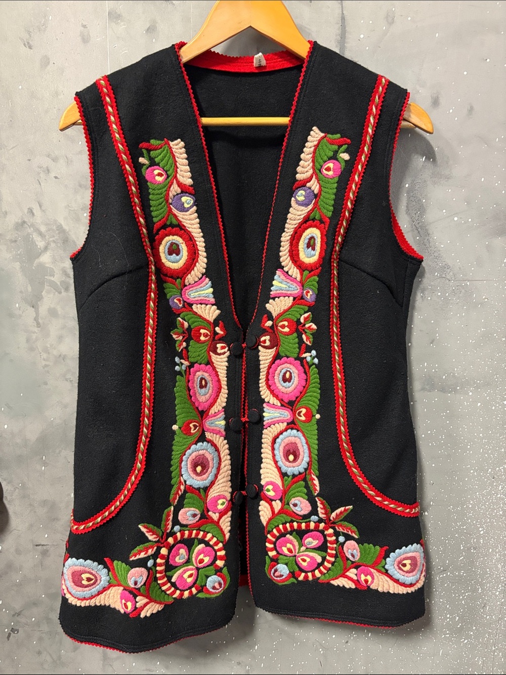 Embroidered Hungarian Folk Art Black Wool Vest with Colorful Floral Motif